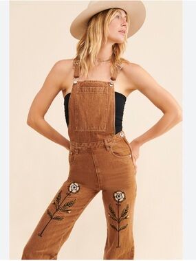 🌼Free People Meadows Tudor Embroidered Overalls in Terracotta Brown Sz Large